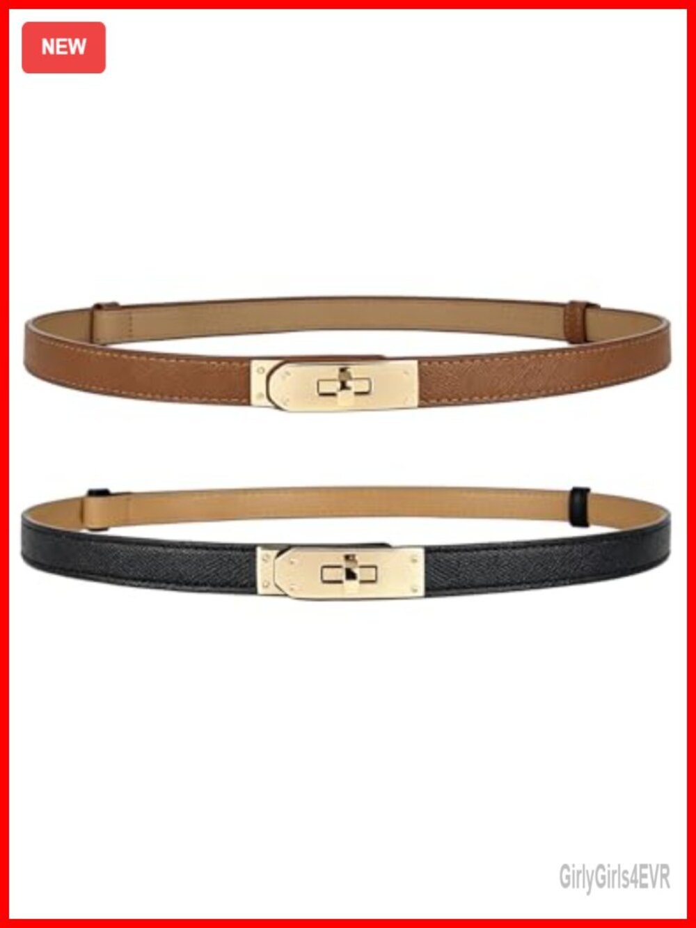 Adjustable Skinny Belt for Women Turn-Lock Gold Buckle Faux Leather